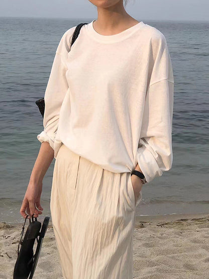 Long Sleeves Loose Solid Color Round-Neck T-Shirts Tops