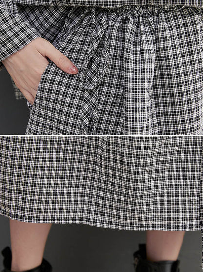 Artistic Retro Irregular Split-Joint Plaid Pleated Buttoned Elasticity Waist Lapel Collar Long Sleeves Midi Shirt Dress
