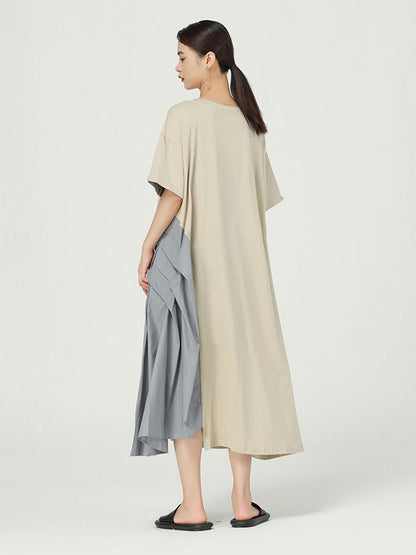 Stylish Asymmetric Split-Joint Round-Neck Loose Short Sleeves Midi Dress