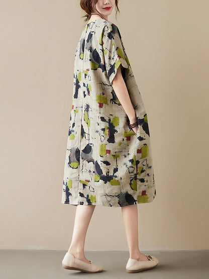 Artistic Retro Ramie Cotton Printed Round-Neck Half Sleeves Midi Dress