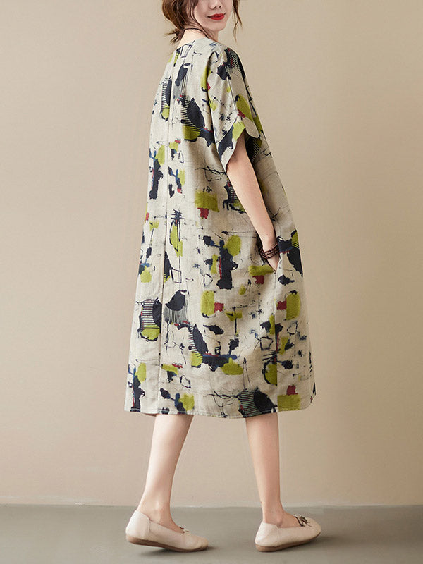 Artistic Retro Ramie Cotton Printed Round-Neck Half Sleeves Midi Dress