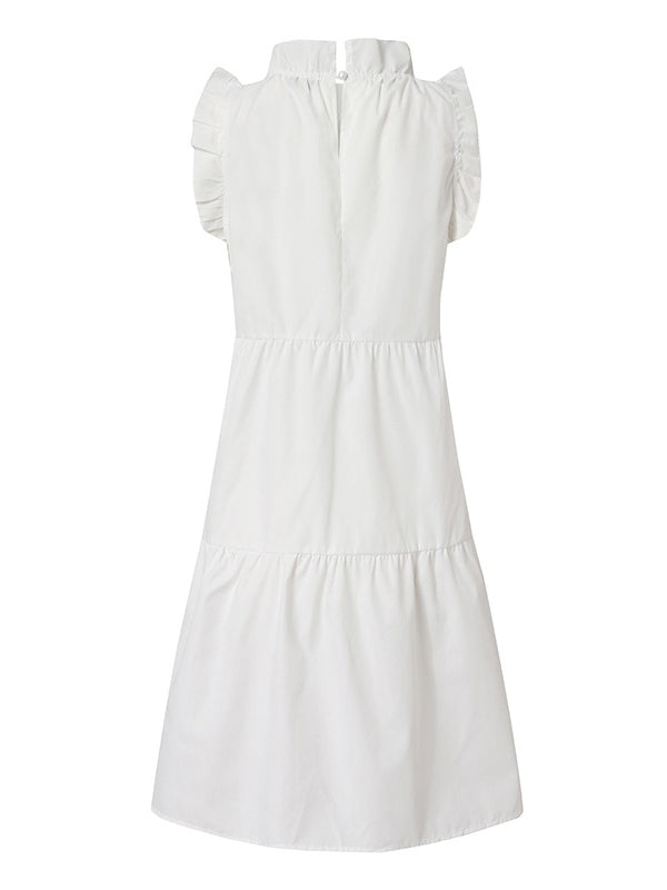 Stylish Solid Color Falbala Sleeveless Stand Collar Midi Dress