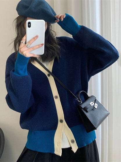 Causal Contrast Color Buttoned V-Neck Long Sleeves Cardigan Outwear