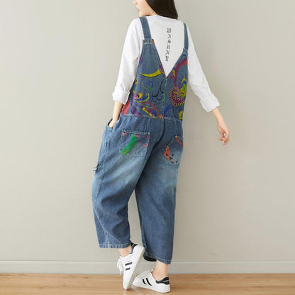 Buykud Printed Frayed Casual Loose Denim Jumpsuit