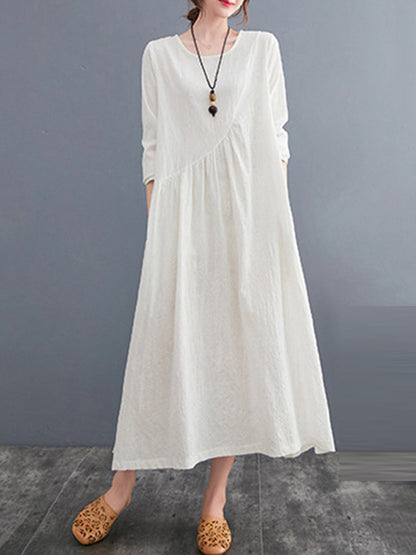 Casual Simple Solid Color Pleated Round-Neck Long Sleeves Midi Dress