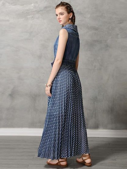 Original Polka-dot Pleated Belted Long Dress