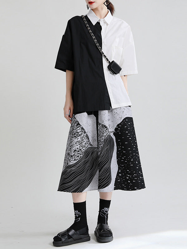 Original Contrast Color Split-Joint With Pocket Buttoned Lapel Color Long Sleeves Blouse