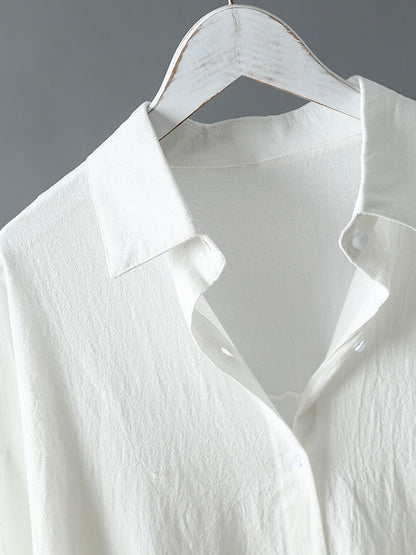 Simple Loose Casual Solid Color Buttoned Split-Side Lapel Collar Long Sleeves Midi Shirt Dress