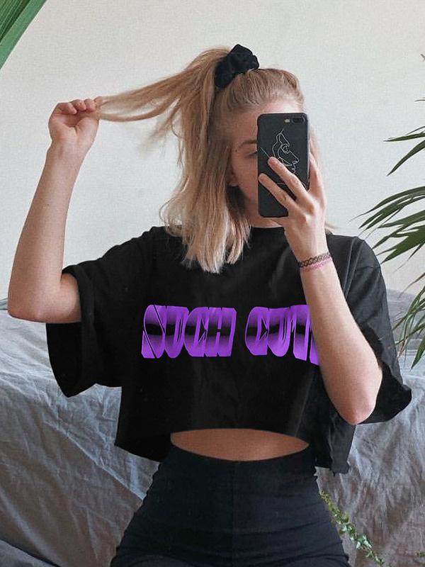 Fashion Letters Printed Loose Exposed Navel T-Shirts Top