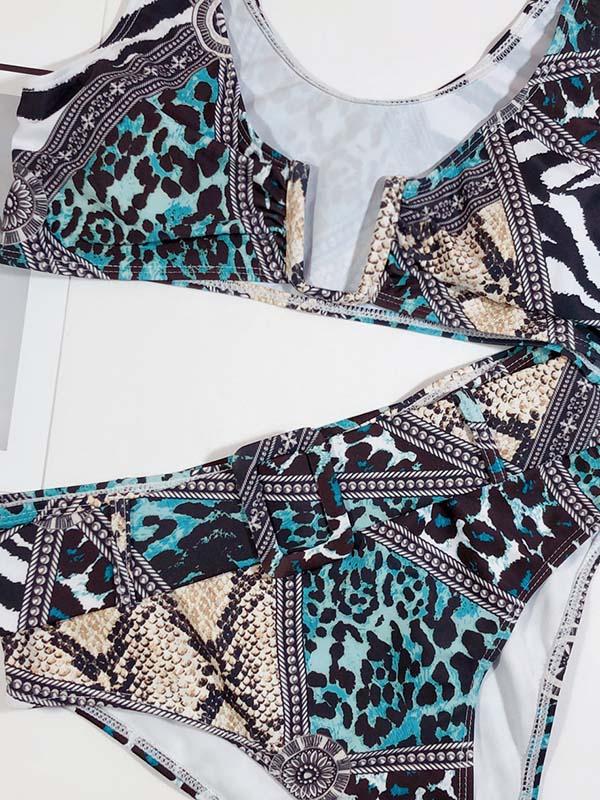U-Neck Sash Printing Bikini Swimsuit