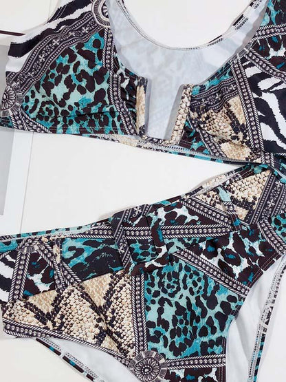 U-Neck Sash Printing Bikini Swimsuit
