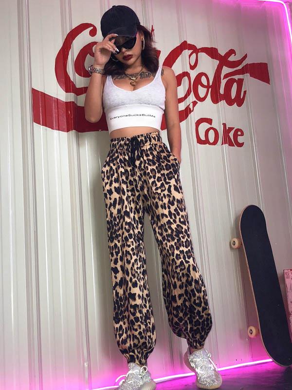 Leopard Printed Wide Leg Athletic Pants
