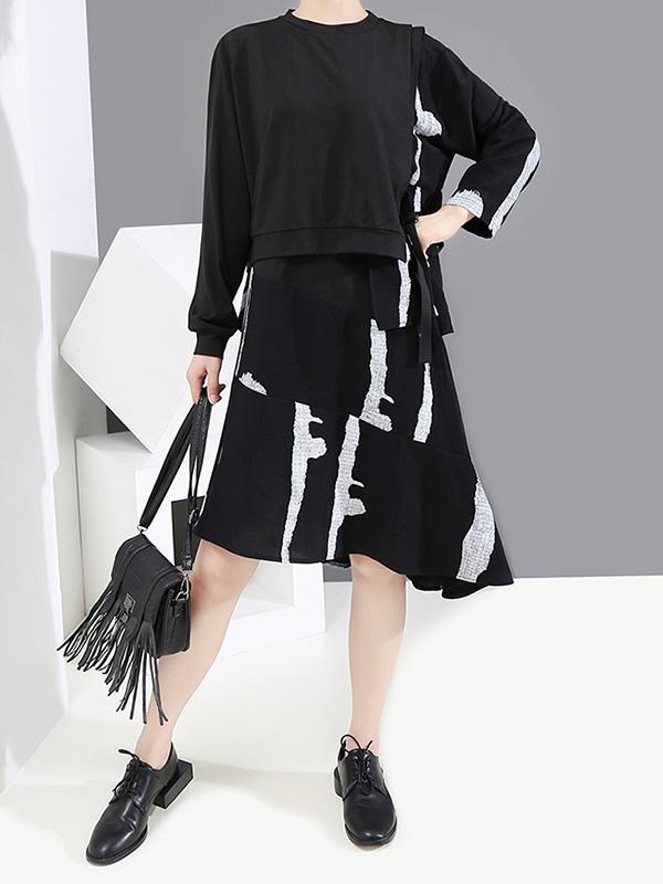 Round-Neck False Two Dress Asymmetric Long Sleeve Printed Dress With Bandage