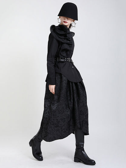 Stylish Falbala Split-Joint Solid Color Buttoned Stand Collar Long Sleeves Blouse