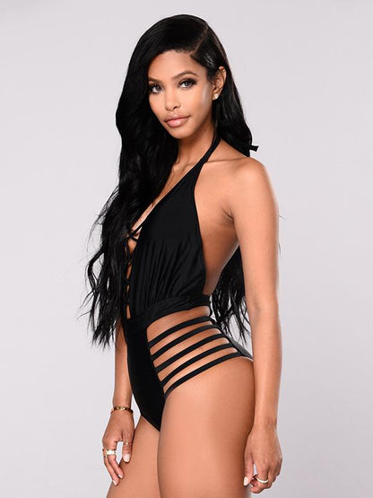 Plain Black Lace-up One-piece Swimwear