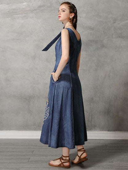 Original Retro Embroidered Hemline Denim Long Dress