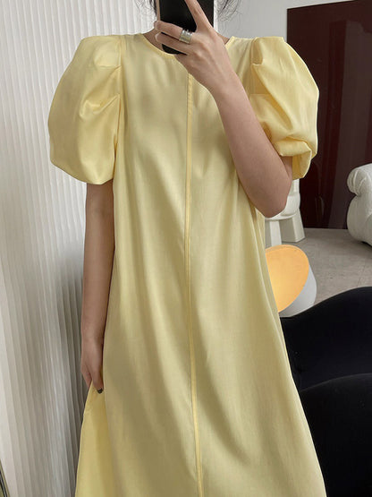 Girlish A-Line Puff Sleeves Round-Neck Midi Dress