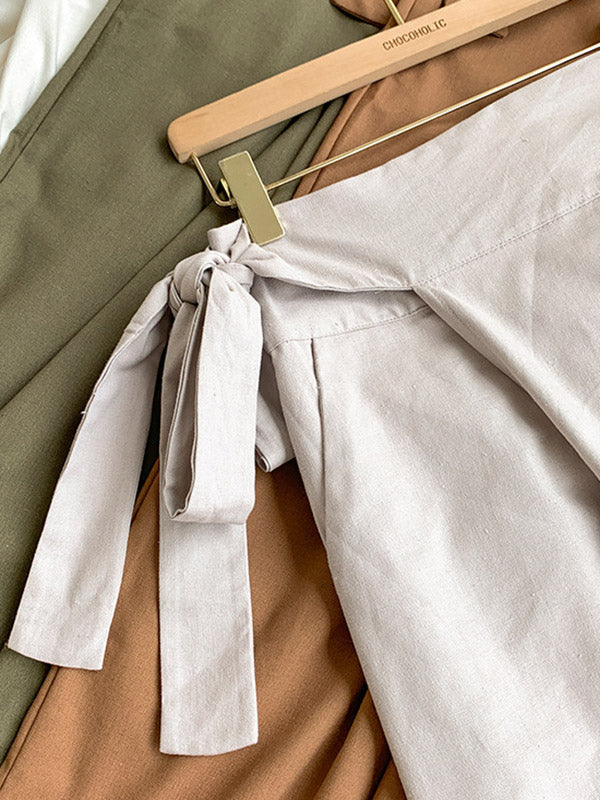 Simple 9 Colors Ramie Cotton Tied High-Waisted Pants