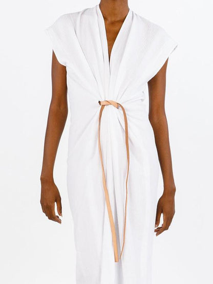 White Lace-up V-neck Simple Linen Dress