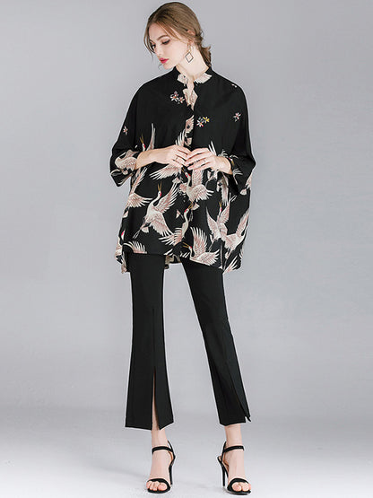Original Crane Printed Buttoned Stand Collar Half Sleeves Blouse