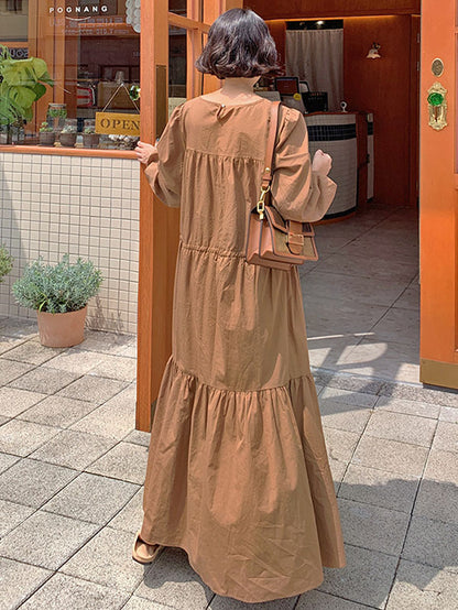 Casual Solid Color Pleated Drawstring Round-Neck Long Sleeves Midi Dress