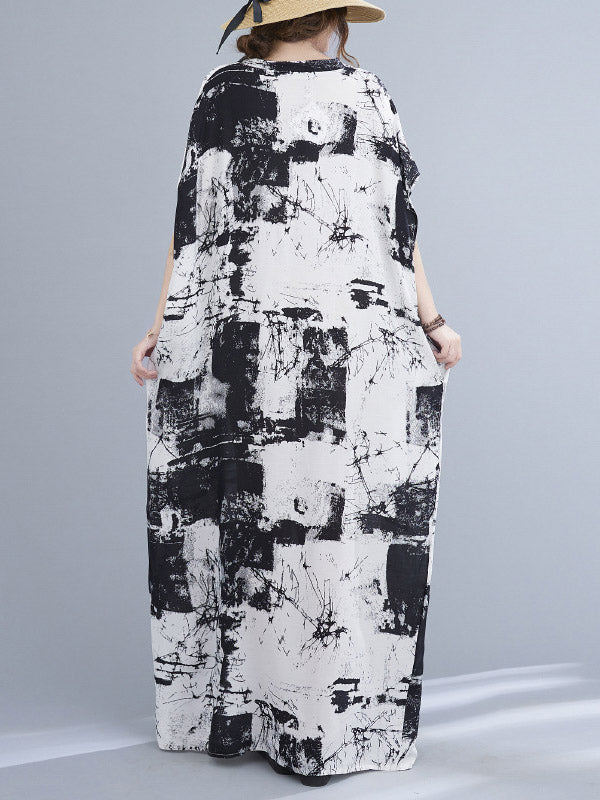 Original Ink-Printing V-Neck H-Line Maxi Dress