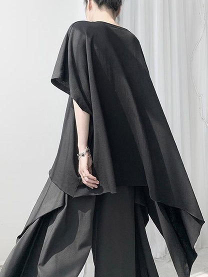 Black Loose Cropped Asymmetric T-shirt Tops