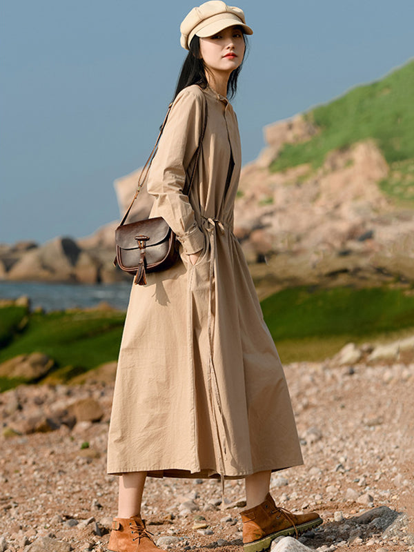 Casual Long Sleeves Loose Tied Asymmetric Solid Color Stand Collar Midi Dresses