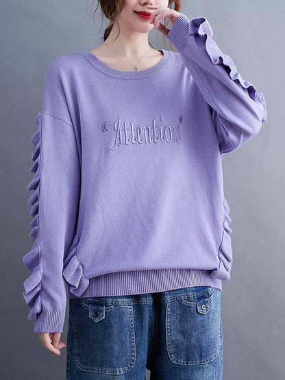 Simple Solid Color Letter Print Embroidered Sweatshirt Top