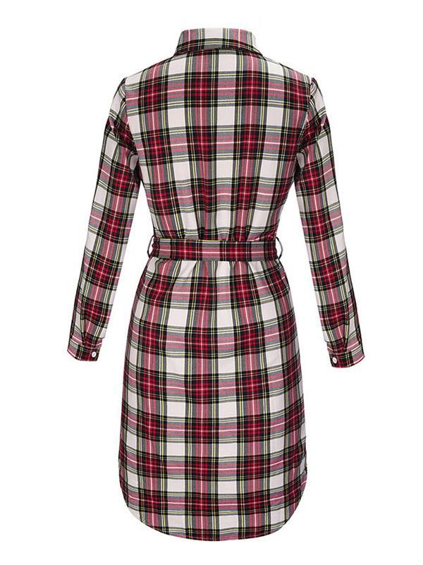 Polo Collar Checkered Belt Buckle Midi Shirt
