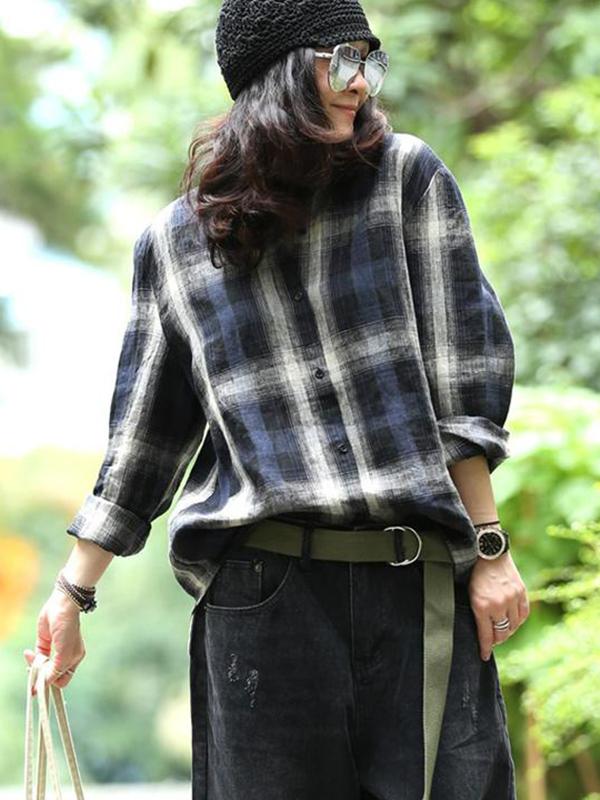 Blue Plaid Loose Linen Long Sleeve Shirt