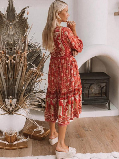 Printed Long Sleeves Lace-up Midi Dress