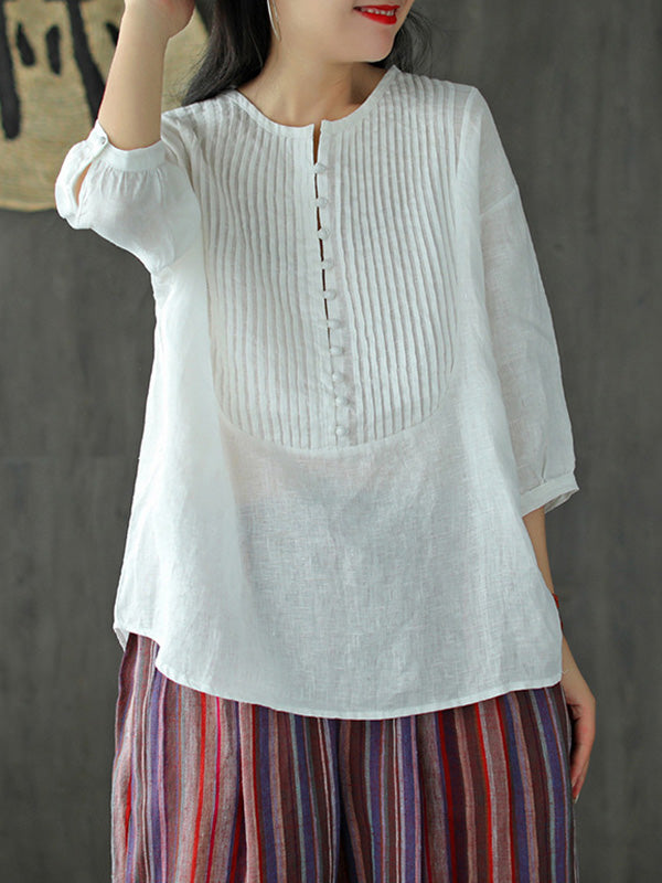 Original Linen Solid Color Pleats T-Shirts Tops