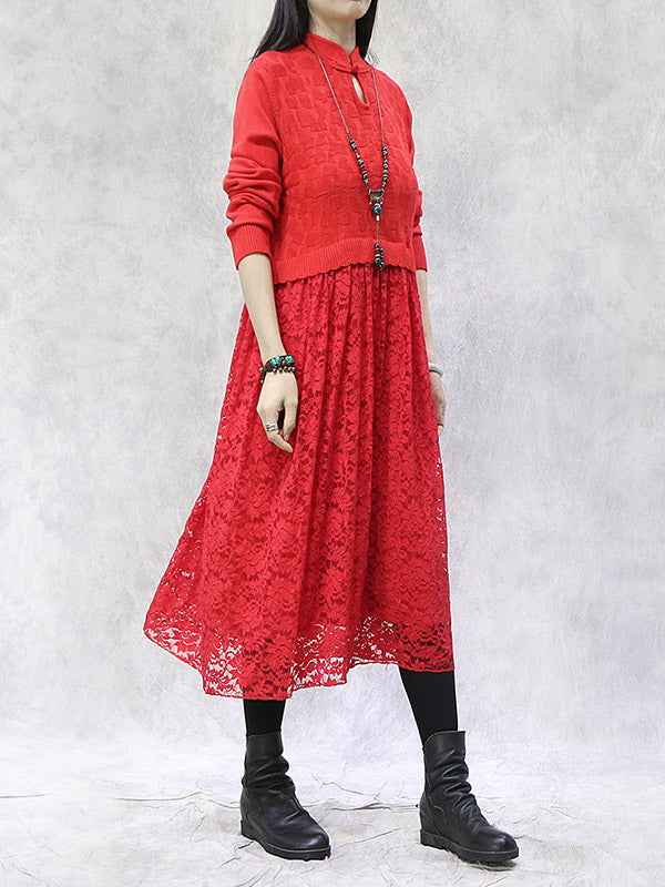 Artistic Retro Solid Color Split-Joint Buttoned Embroidered Hollow Lace Stand Collar Long Sleeves Knitted Sweater Dress