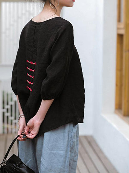 Casual Retro Linen Frog Blouses
