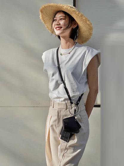 Simple Solid Color Round-Neck Cap-Sleeve Vest T-Shirt Tops