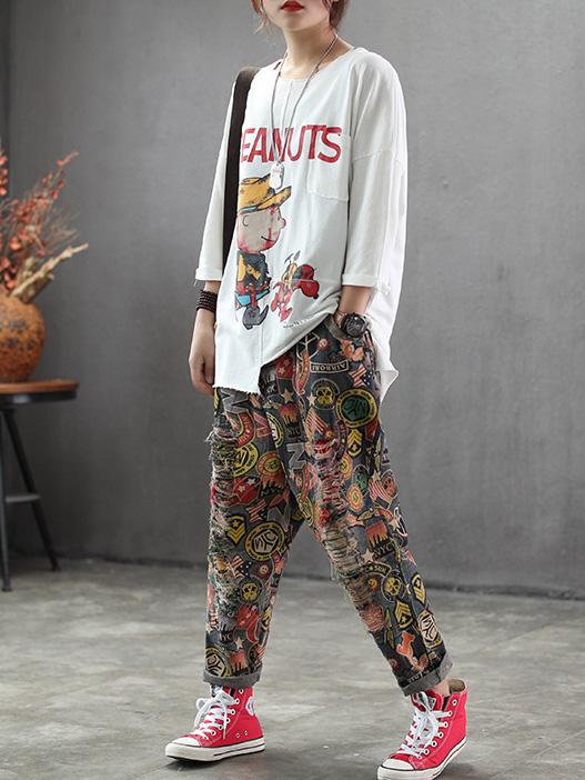 Printed Mess Style Hole-with Loose Pants