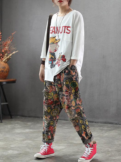 Printed Mess Style Hole-with Loose Pants