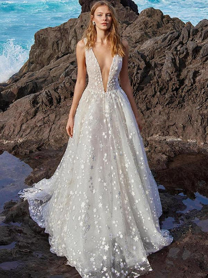 Deep V-neck Sleeveless V-back Bohemia Wedding Dress