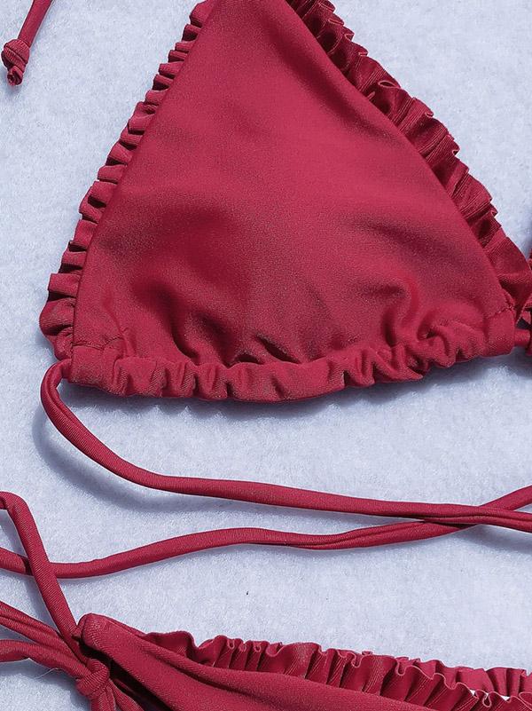 Solid Color  Triangle Ruffled Split Bikini Swimsuit