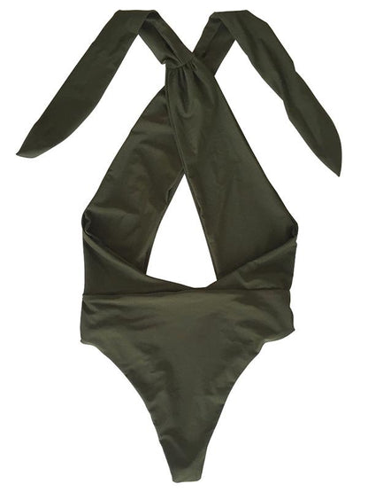 Solid Bandage Halter-neck One-piece Swimwear