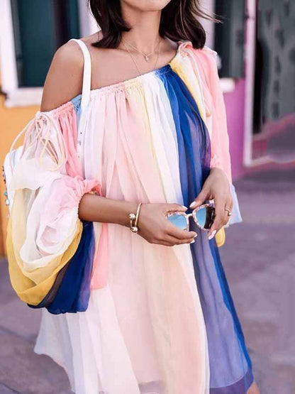 Striped Off-the-shoulder Puff Sleeves Mini Dress