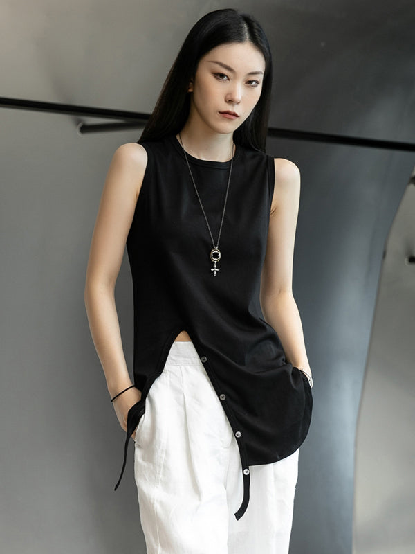 Simple Black&White Split-Side Sleeveless Round-Neck Vest
