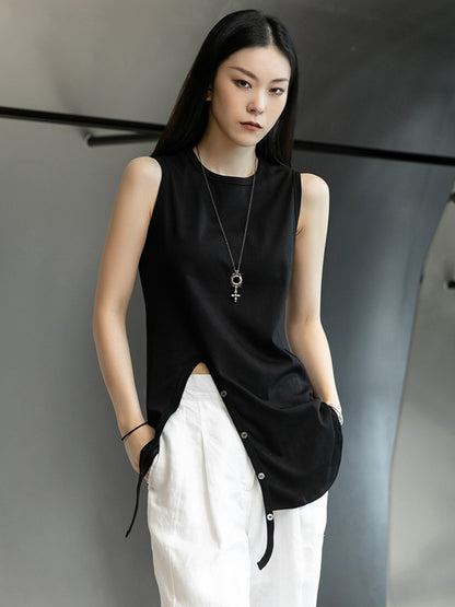Simple Black&White Split-Side Sleeveless Round-Neck Vest