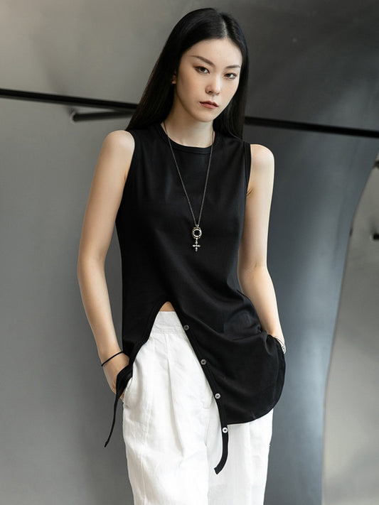 Simple Black&White Split-Side Sleeveless Round-Neck Vest