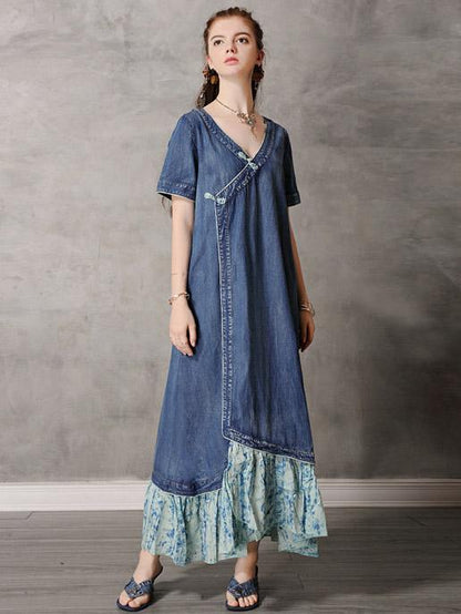 Original Retro Split-joint Cropped Frog Long Dress