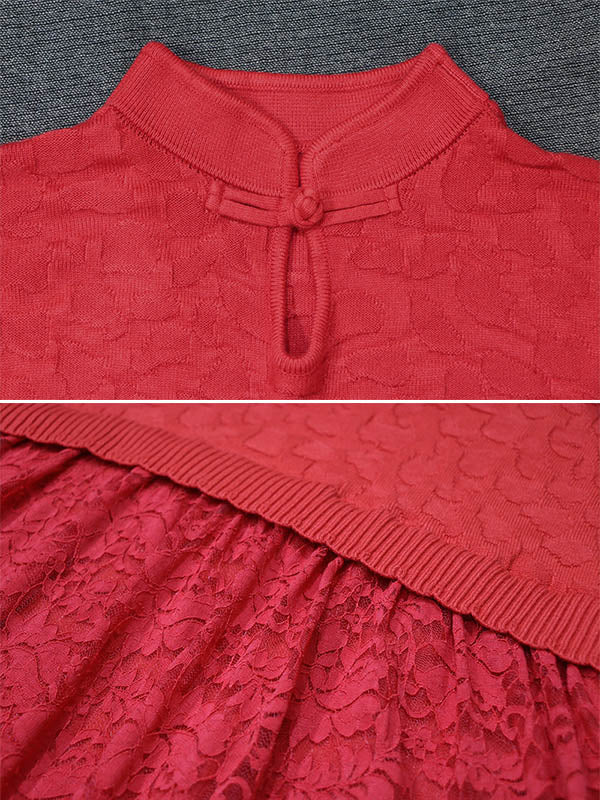 Artistic Retro Solid Color Split-Joint Buttoned Embroidered Hollow Lace Stand Collar Long Sleeves Knitted Sweater Dress