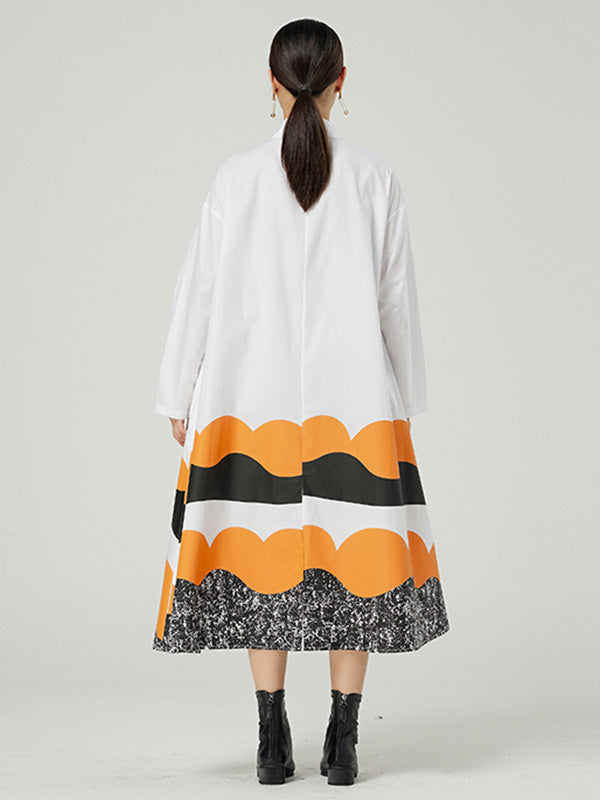 Original Buttoned Contrast Color Lapel Long Sleeves Midi Dress