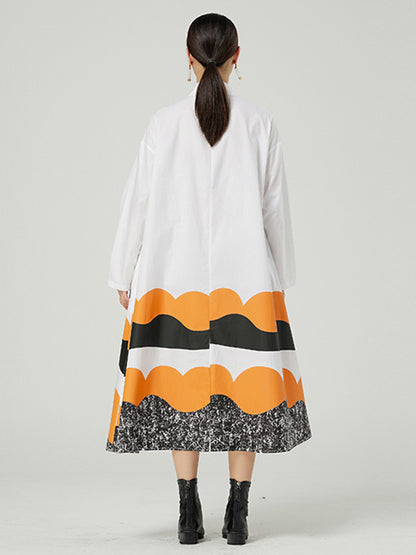 Original Buttoned Contrast Color Lapel Long Sleeves Midi Dress