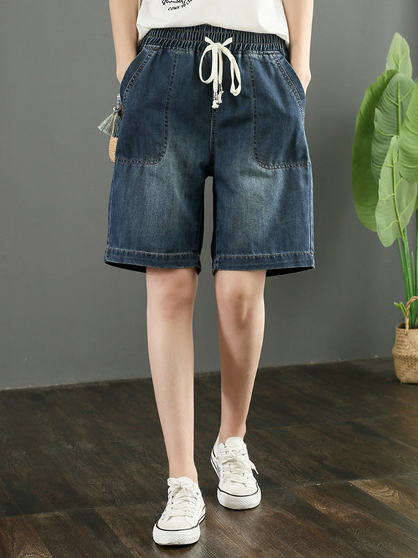 Casual Girlish Denim Drawstring Elastic Waisted Wide Leg Shorts